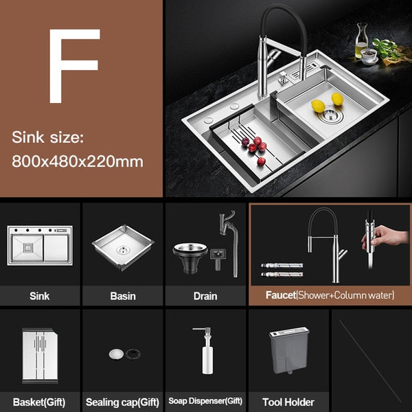 FOHEEL Luxurious Sink Stepped Sink Big Range Stainless Steel Kitchen Sink Single Sink Bowl Above Counter Bar Brushed Sinks FKS15