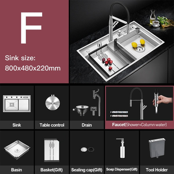 FOHEEL Luxurious Sink Stepped Sink Big Range Stainless Steel Kitchen Sink Single Sink Bowl Above Counter Bar Brushed Sinks FKS15