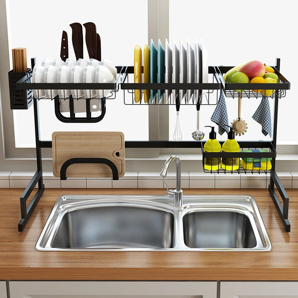 85/65cm Black Kitchen Dish Rack U Shape Stainless Steel Sink Drain Rack Two layers Kitchen Organizer Shelf  Storage Holder